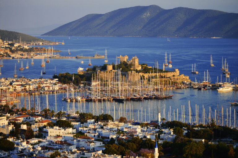 View of Bodrum harbor during hot summer day. Turkish Riviera.